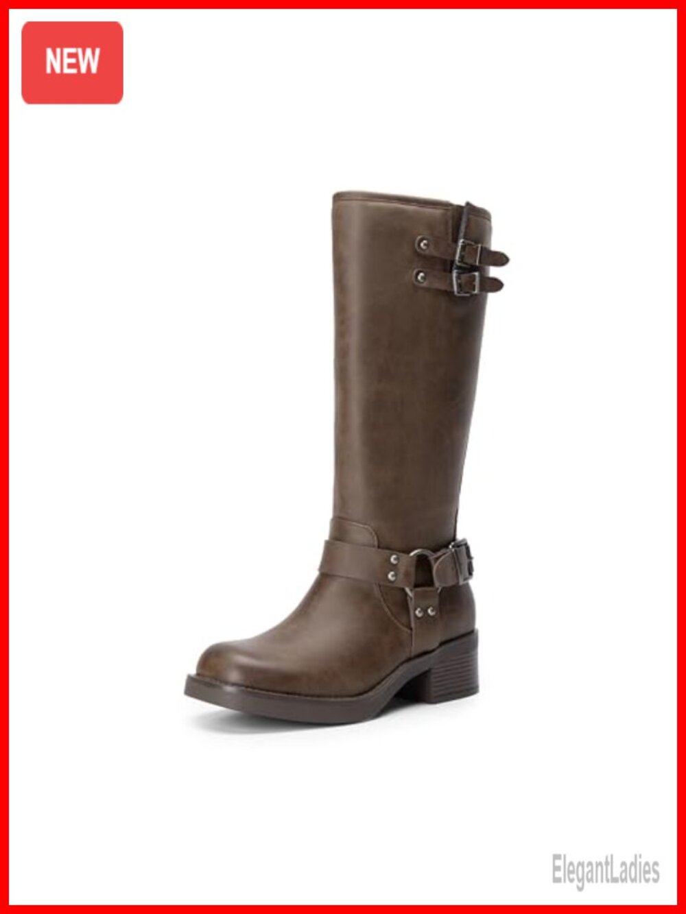 Faux Leather Moto Knee High Boots with Buckle Straps and Side Zipper